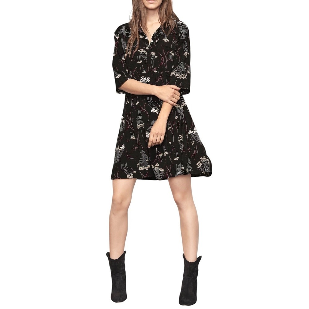 Ba&sh Kyle Black Floral Collared Shirt Dress French Girl Dark Academia 0